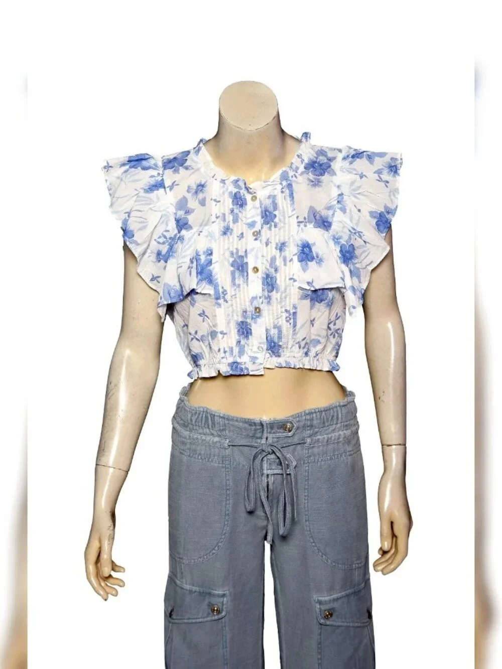 LoveShackFancy Nora Blouse M 8 Women's Ruffle Floral Print Crop Top NEW 46925